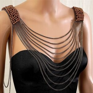 Statement Shoulder Necklace‎ Bib Chains Draped Beads Bronze Tone